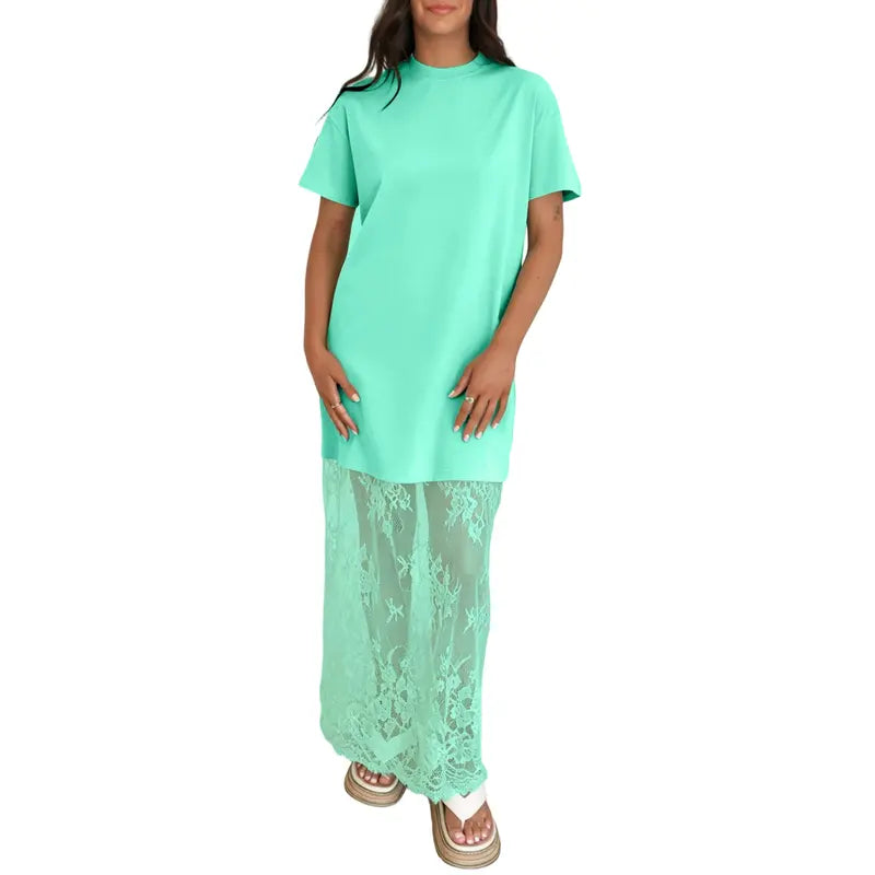 Oversized T-Shirt Maxi Dress with Sheer Lace Hem Drop Shoulder