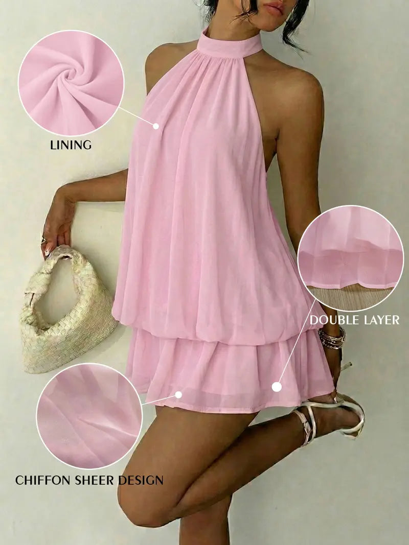 Summer Fashion Party Halter Neck Tie Back Mini Dress