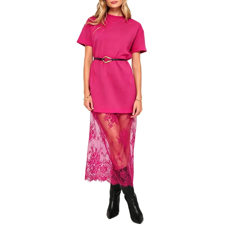 Oversized T-Shirt Maxi Dress with Sheer Lace Hem Drop Shoulder