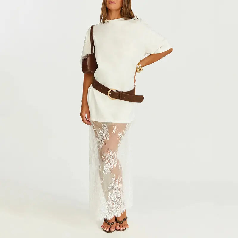 Oversized T-Shirt Maxi Dress with Sheer Lace Hem Drop Shoulder