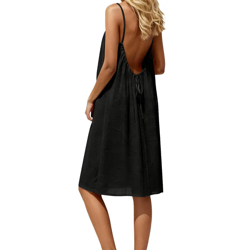 Women's Solid Color Cami Lounge Dress, Elegant Sleeveless Knee-Length Dress for Summer, Ladies Sleepwear for Indoor Wear