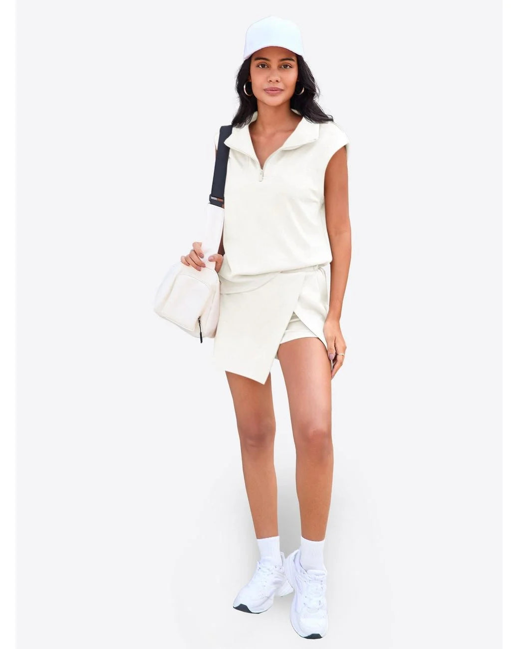 Women’s Summer 2 Piece Skirt Set – Sleeveless Half Zip Tennis Outfit